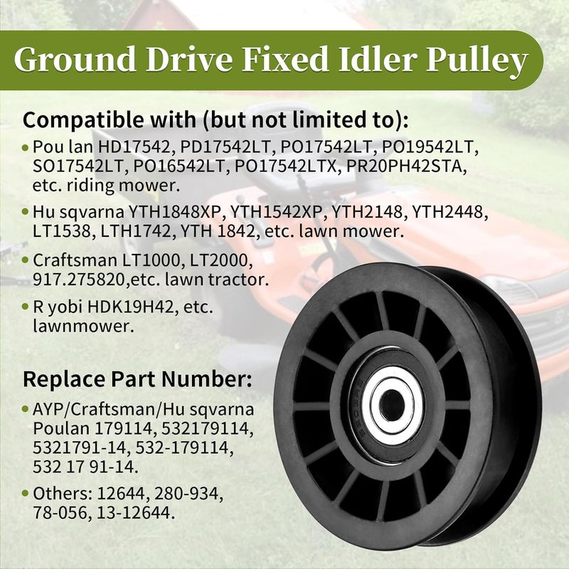 Bularie 179114 Flat Idler Pulley Replacement for Craftsman LT1000 Idler Pulley- Compatible with Hu sqvarna Po Ulan Pro AYP Riding Mower, Replace 532179114 12644 280-934, 1 Pack - Image 5